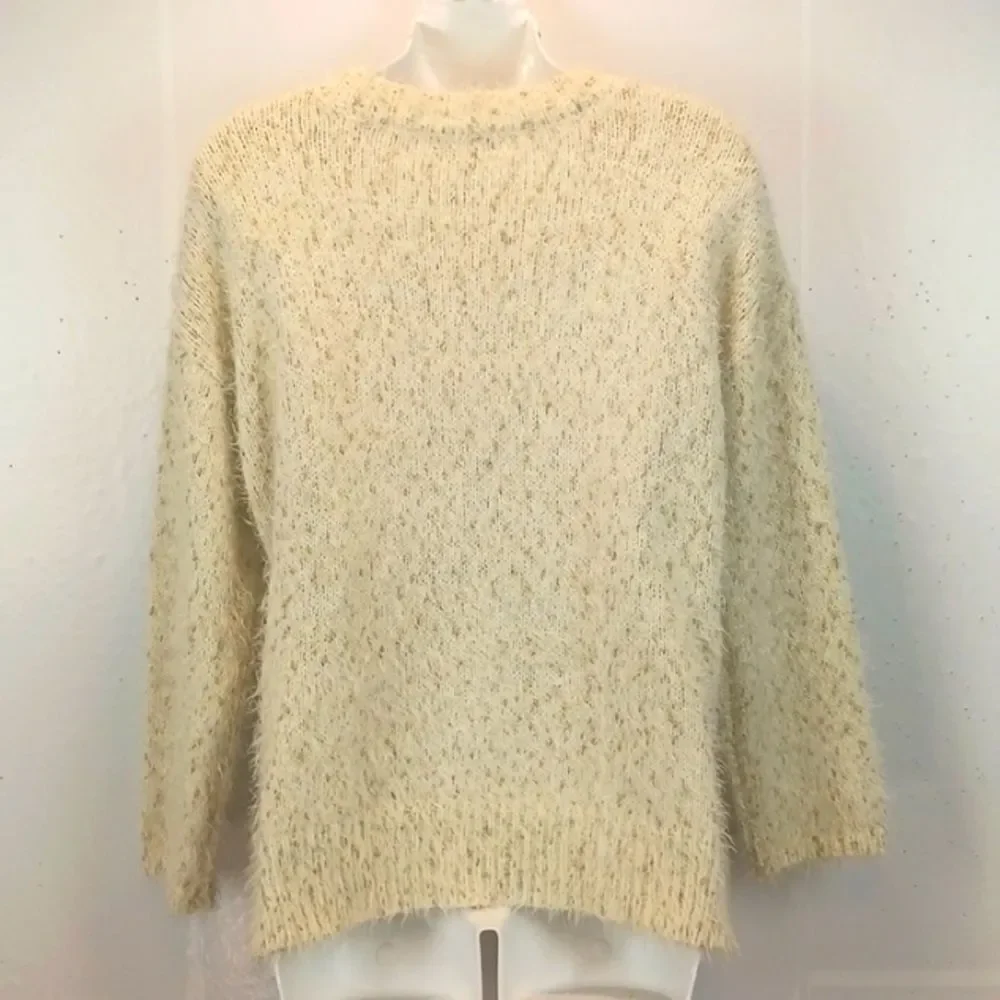 Cotton emporium fuzzy cream/ gold metallic threading long-sleeve sweater (M)